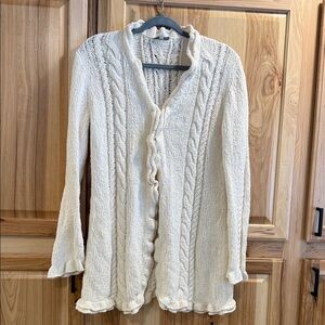 Indigenous Organic Cotton Cream Cable Knit Ruffle Hand Loomed Cardigan Sz L